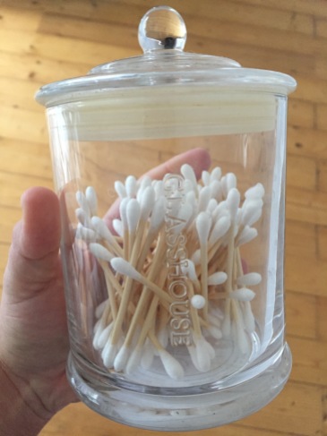All full with beautiful Bamboo ear buds in re-purposed candle jar